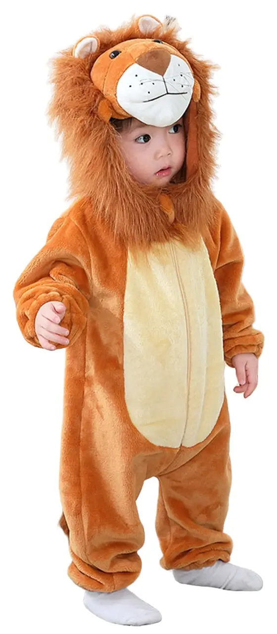 Et yndigt og blødt løvekostume til børn i varme brune og beige nuancer. Dragten har en plysset hætte med en flot manke, søde ører og et venligt løveansigt, samt en lille hale bagpå.