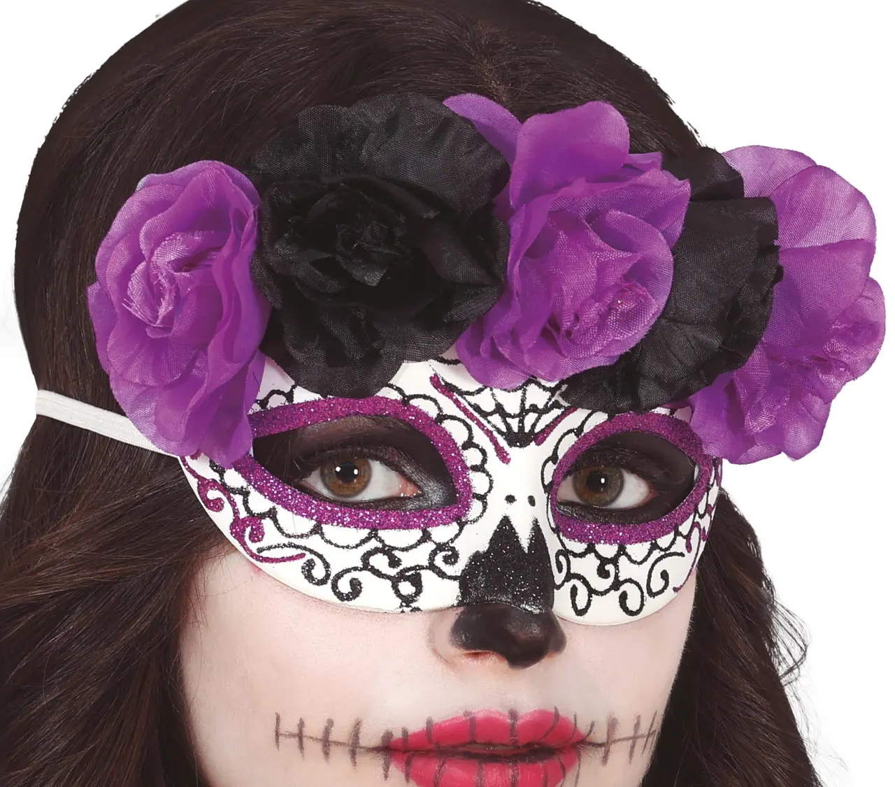 Catrina-maske med lilla og sorte blomster
