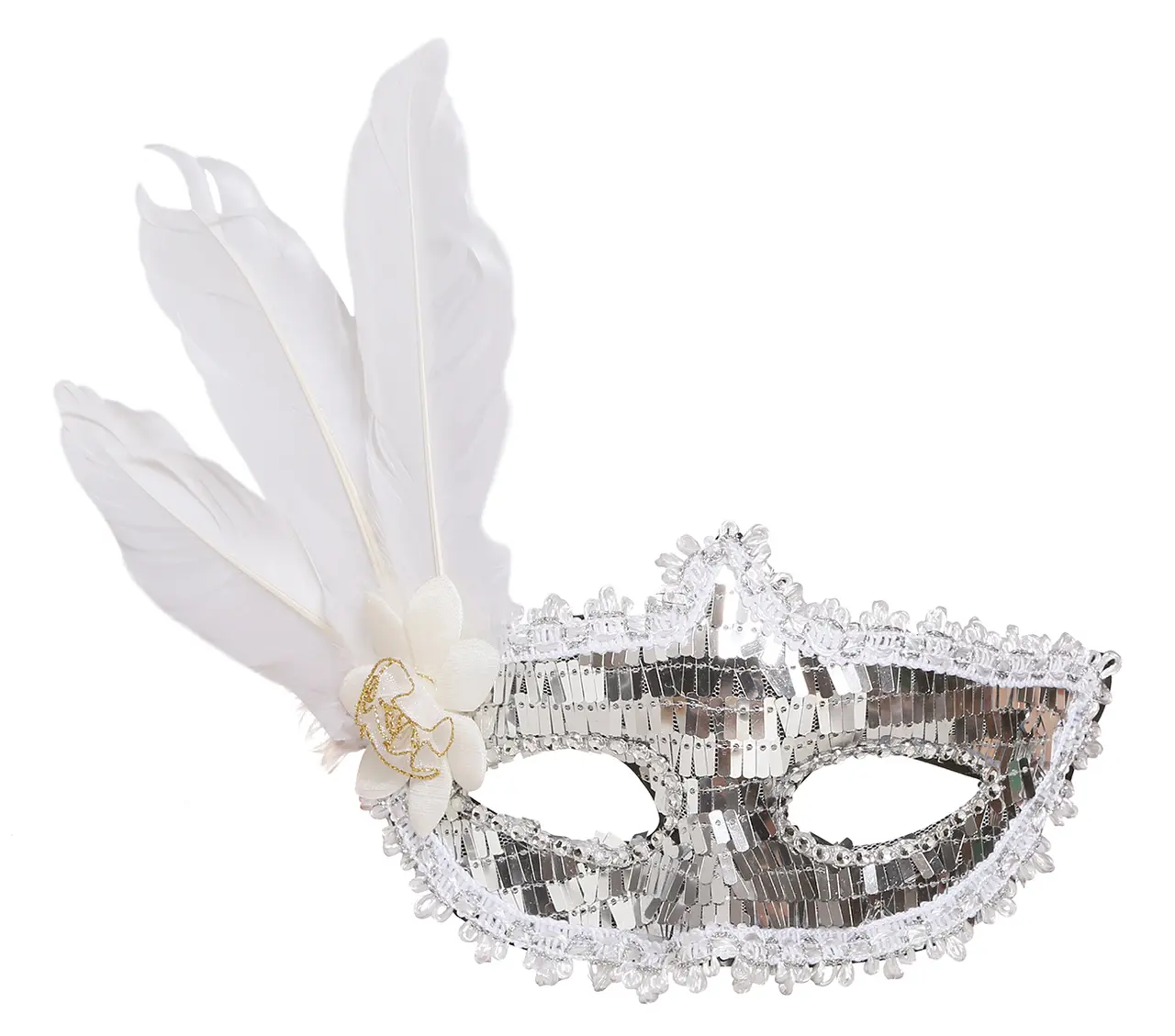 Sølvfarvet maske med fjer