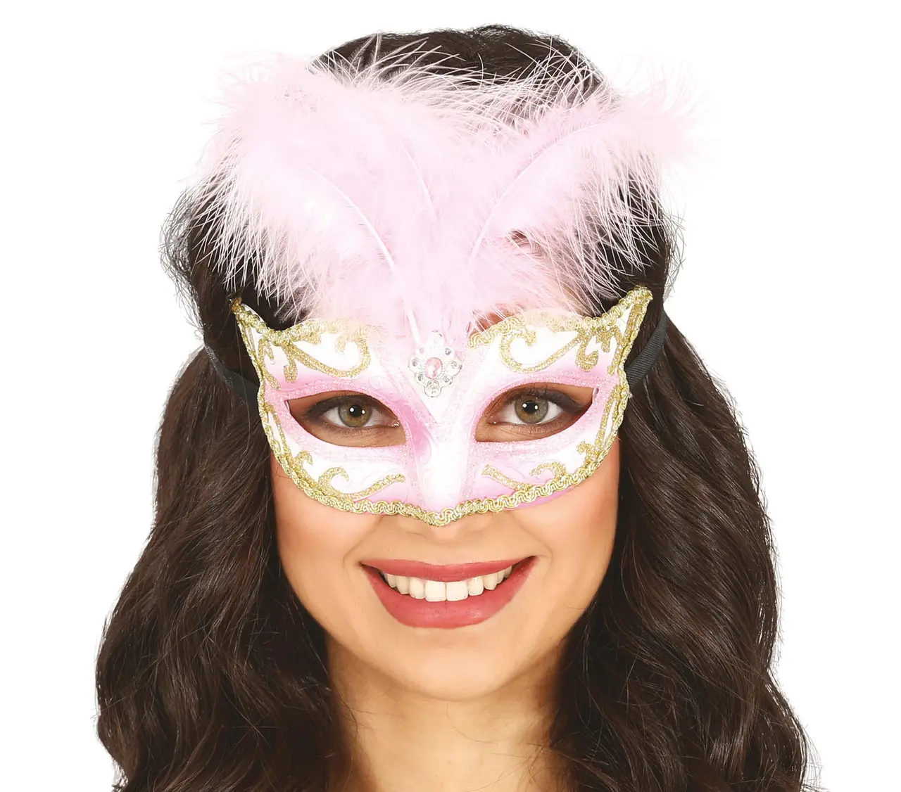 Lyserød maske med fjer