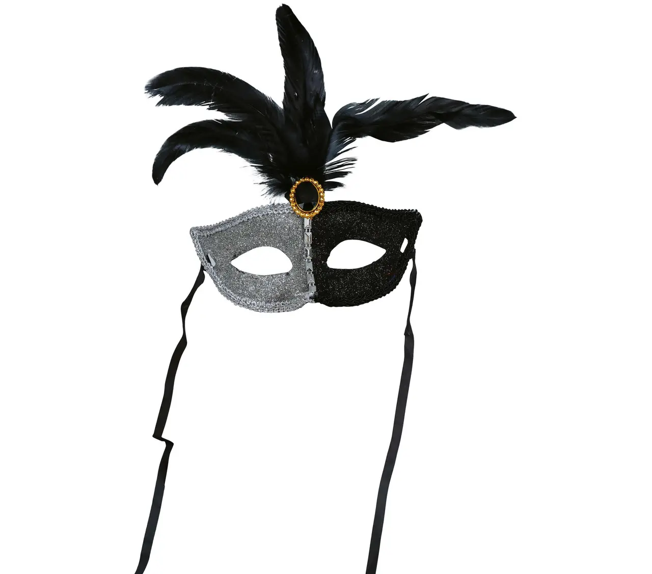Sort og hvid maske med sort fjer