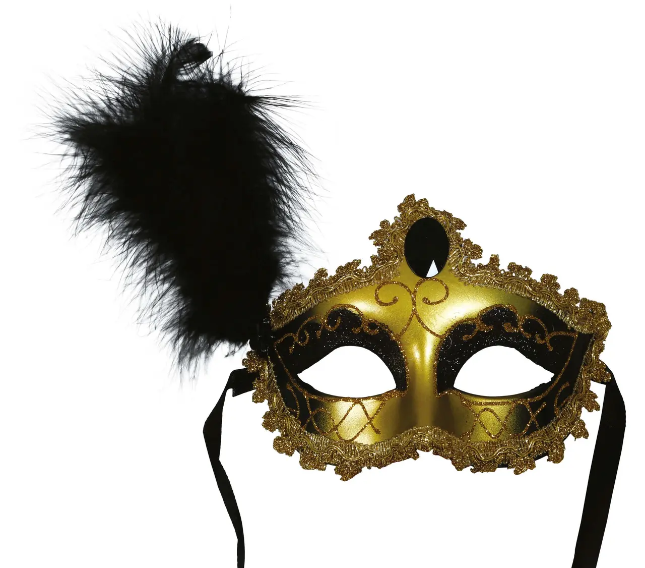 Maske i guld/sort med fjer