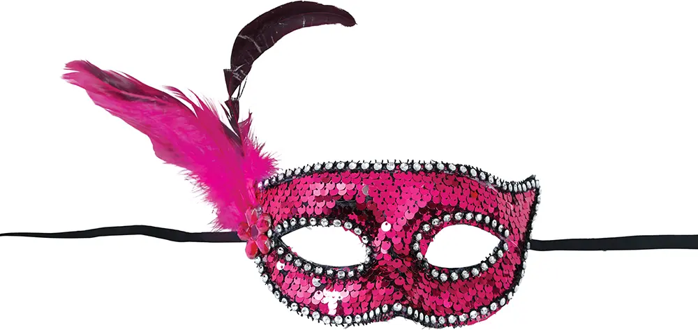 Lyserød maske med pailletter og fjer, til voksne
