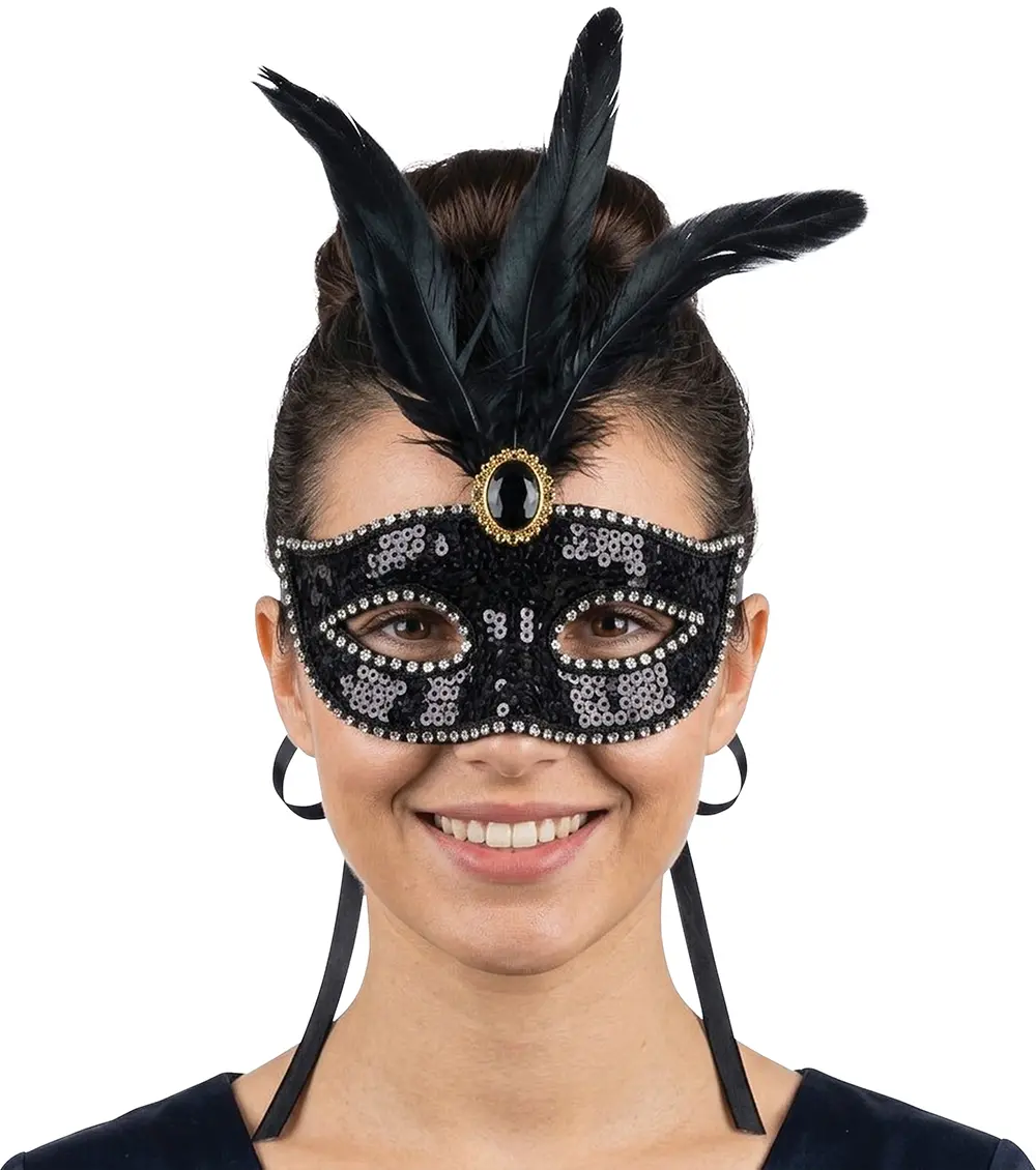 Maske med fjer og pailletter, sort