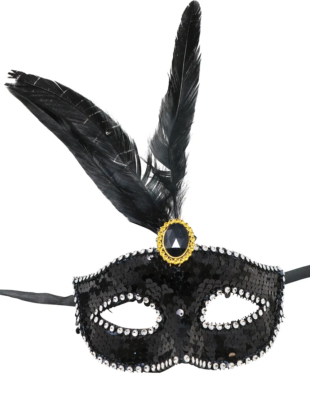 Maske med fjer og pailletter, sort