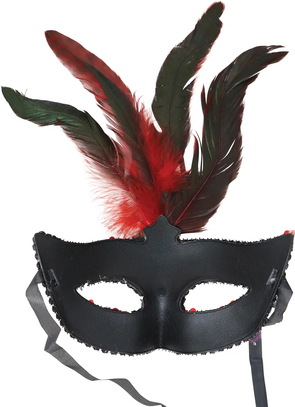 Maske med fjer og pailletter, rød