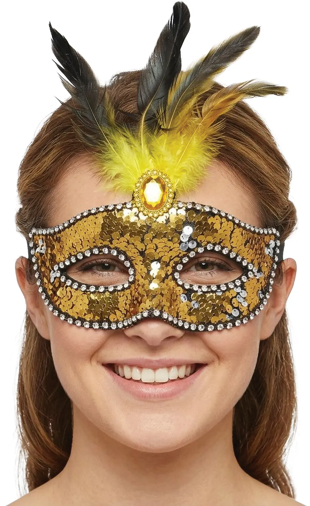 Maske med fjer og pailletter, guld
