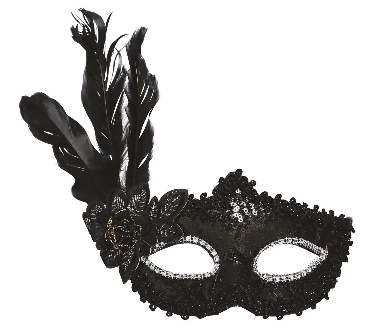 Sort maske med blomst og fjer