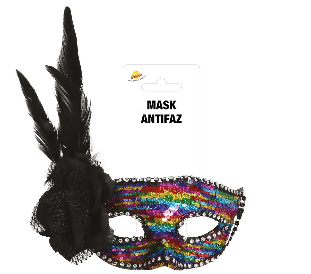 Flerfarvet maske med fjer