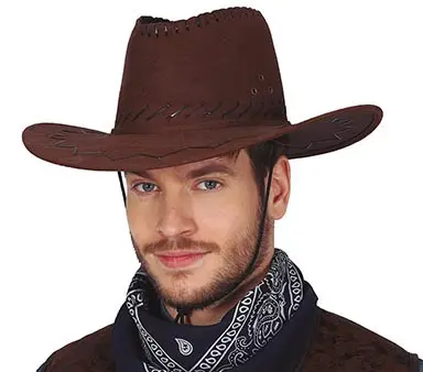 Brun cowboyhat i kunstlæder, ca. 37,6 cm