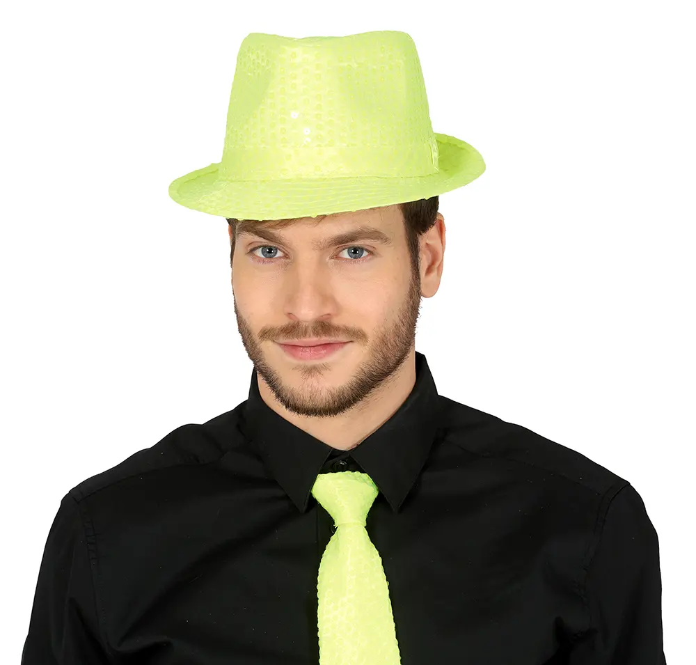 Neongul gangsterhat med pailletter