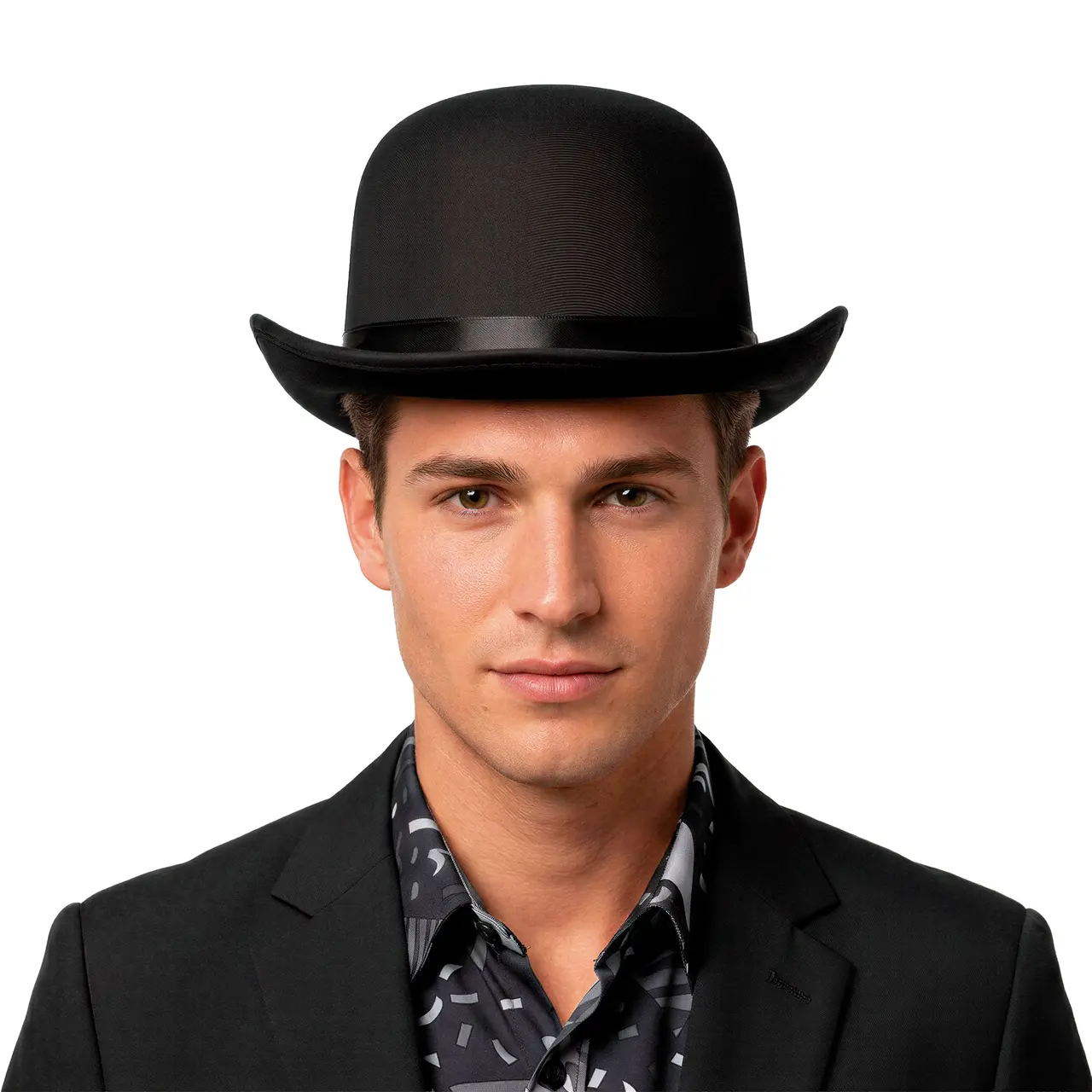 Sort bowlerhat i satin, høj kvalitet, til voksne
