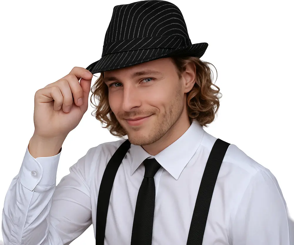 Sort stribet gangsterhat, ca. 27,8 cm