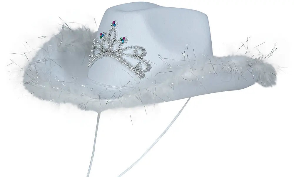 Hvid cowboyhat i filt med marabou til voksne