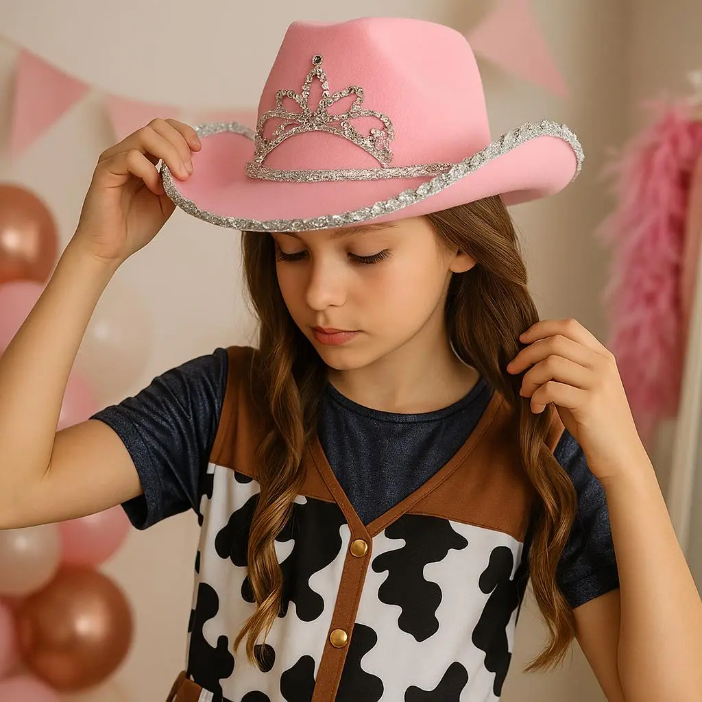 Lyserød cowboyhat i filt, til børn