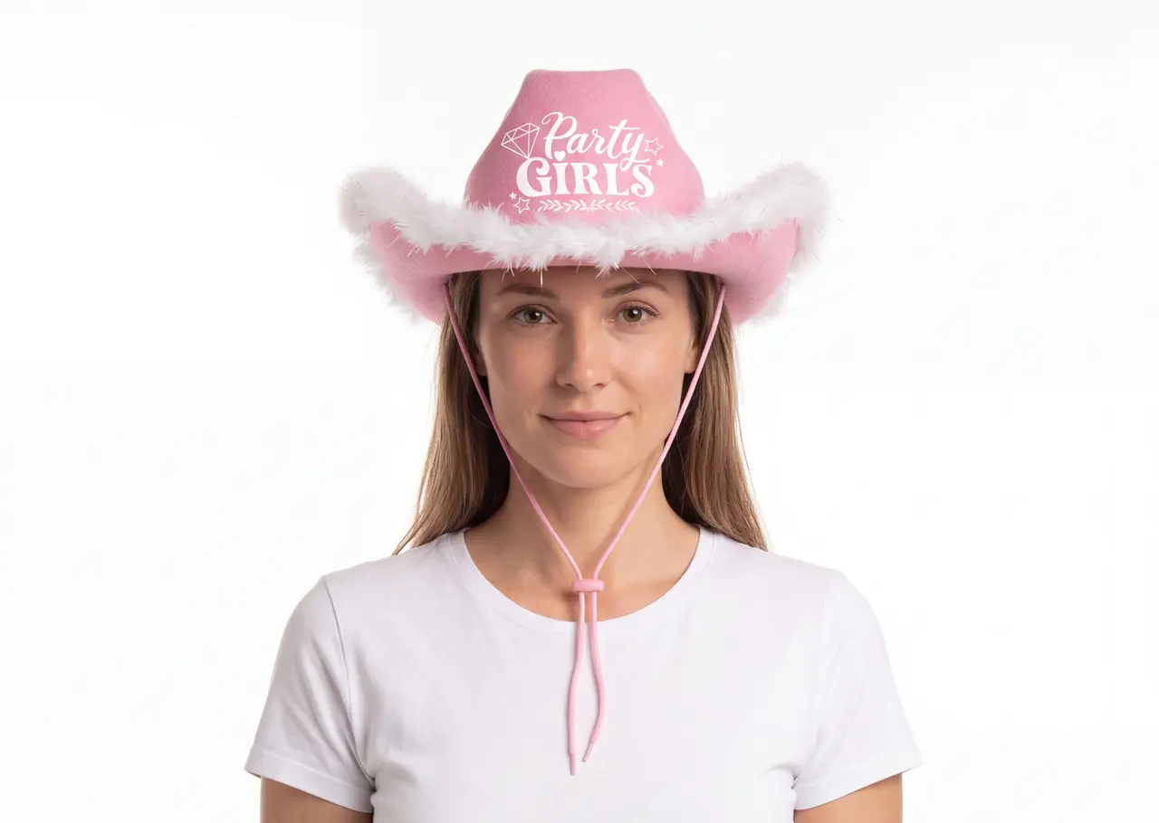 Lyserød Party Girls-cowboyhat med marabou, til voksne