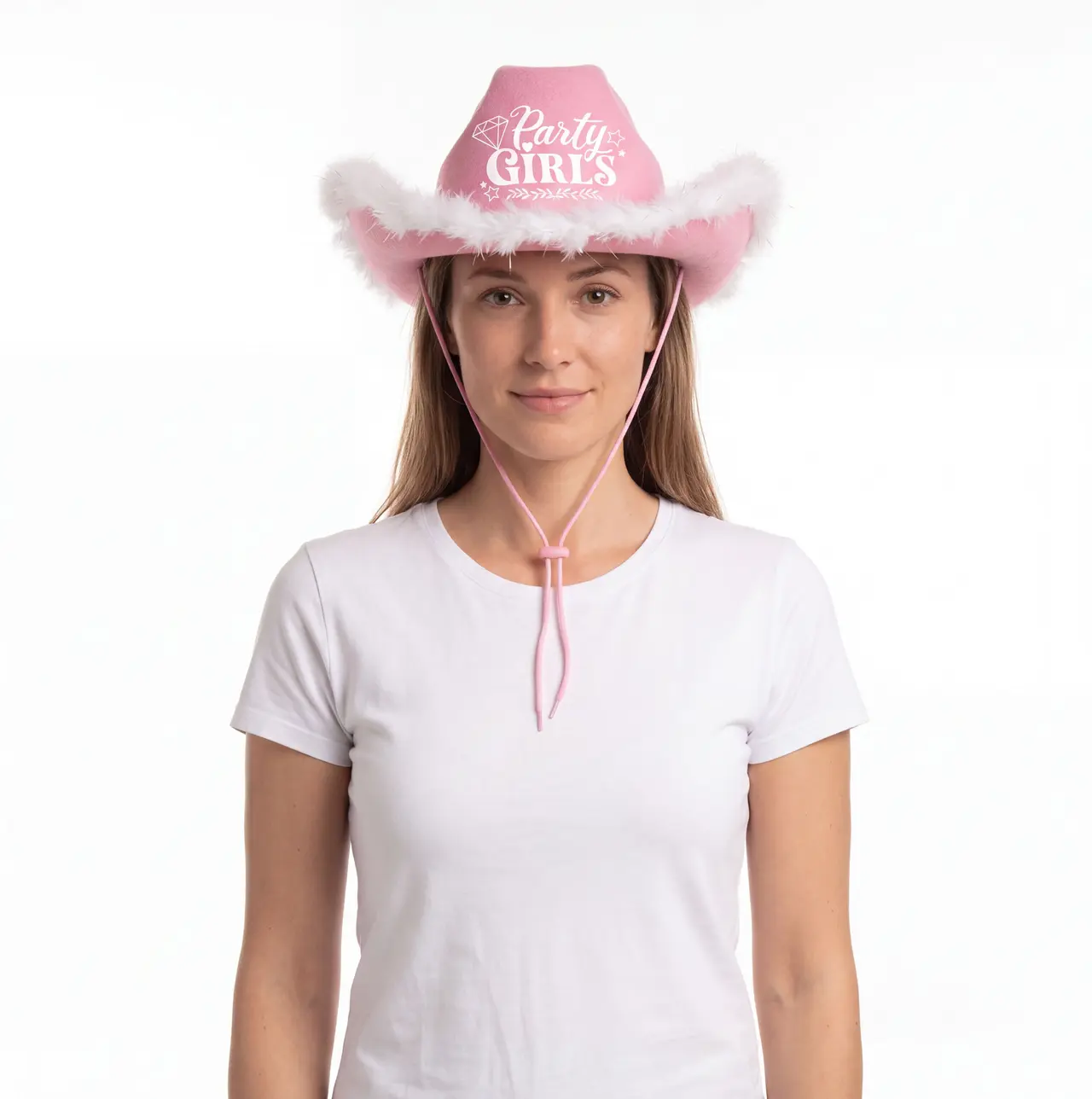 Lyserød Party Girls-cowboyhat med marabou, til voksne