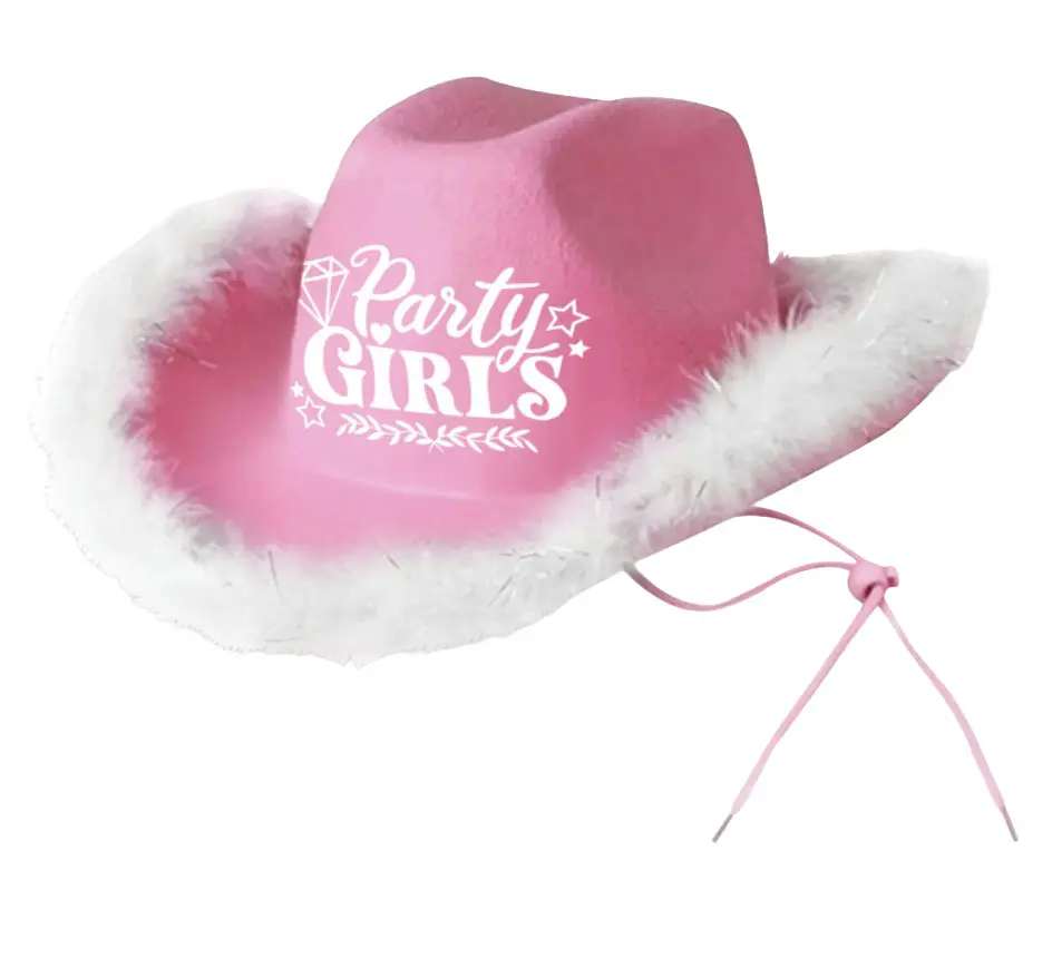 Lyserød Party Girls-cowboyhat med marabou, til voksne