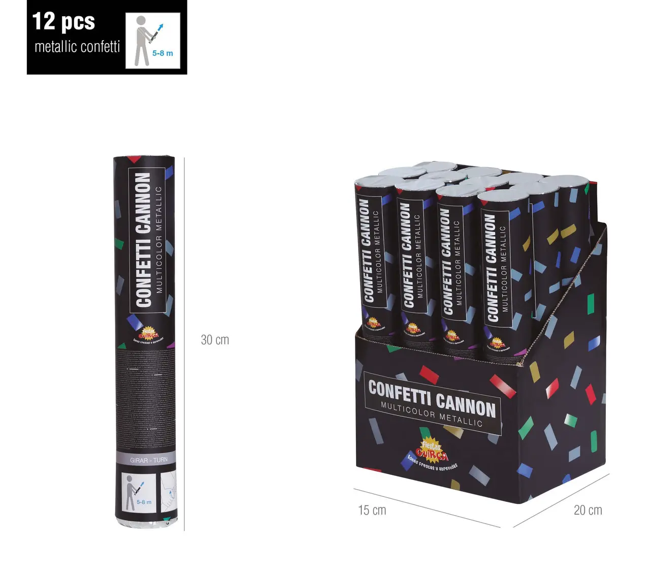 Flerfarvet metallisk konfettikanon 30 cm