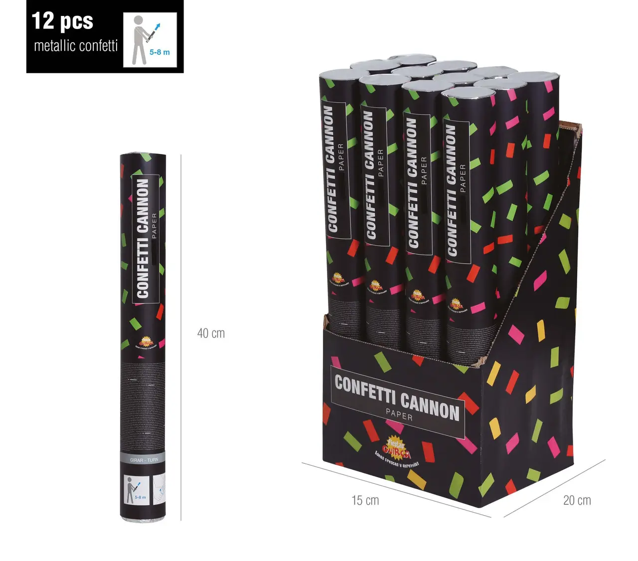 Konfettikanon med flerfarvet papirkonfetti, 40 cm