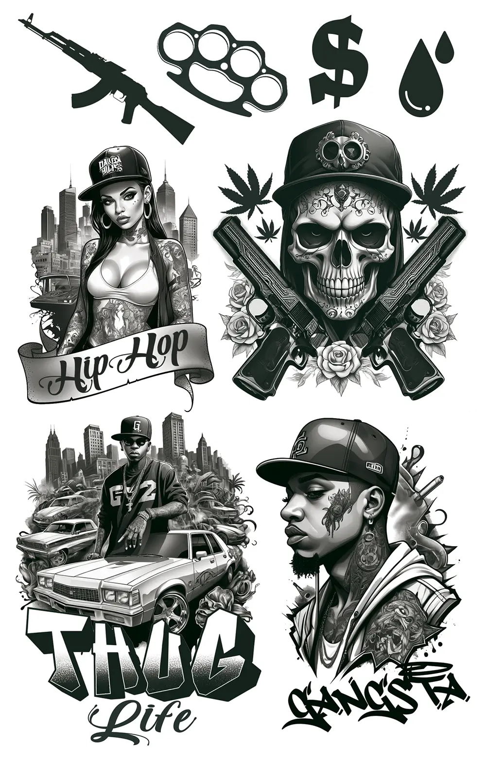 Tatoveringsark "Thug Life" 14 × 30 cm
