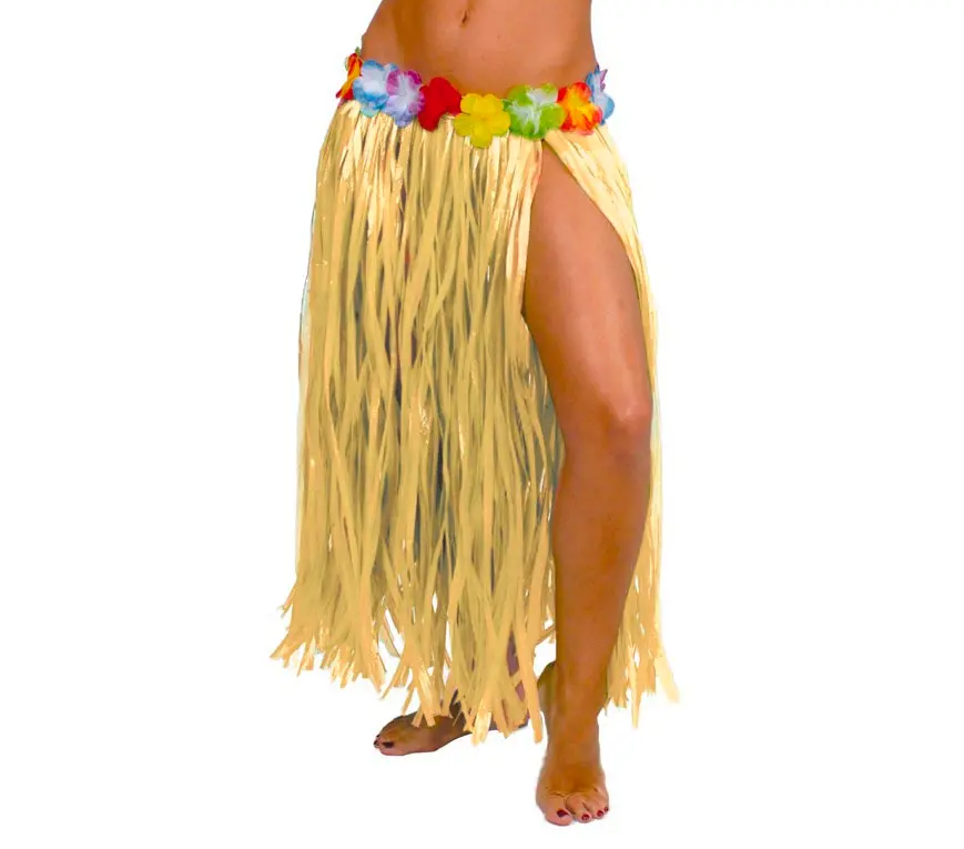 Hawaii-skørt med blomster, 75 cm, stråfarvet