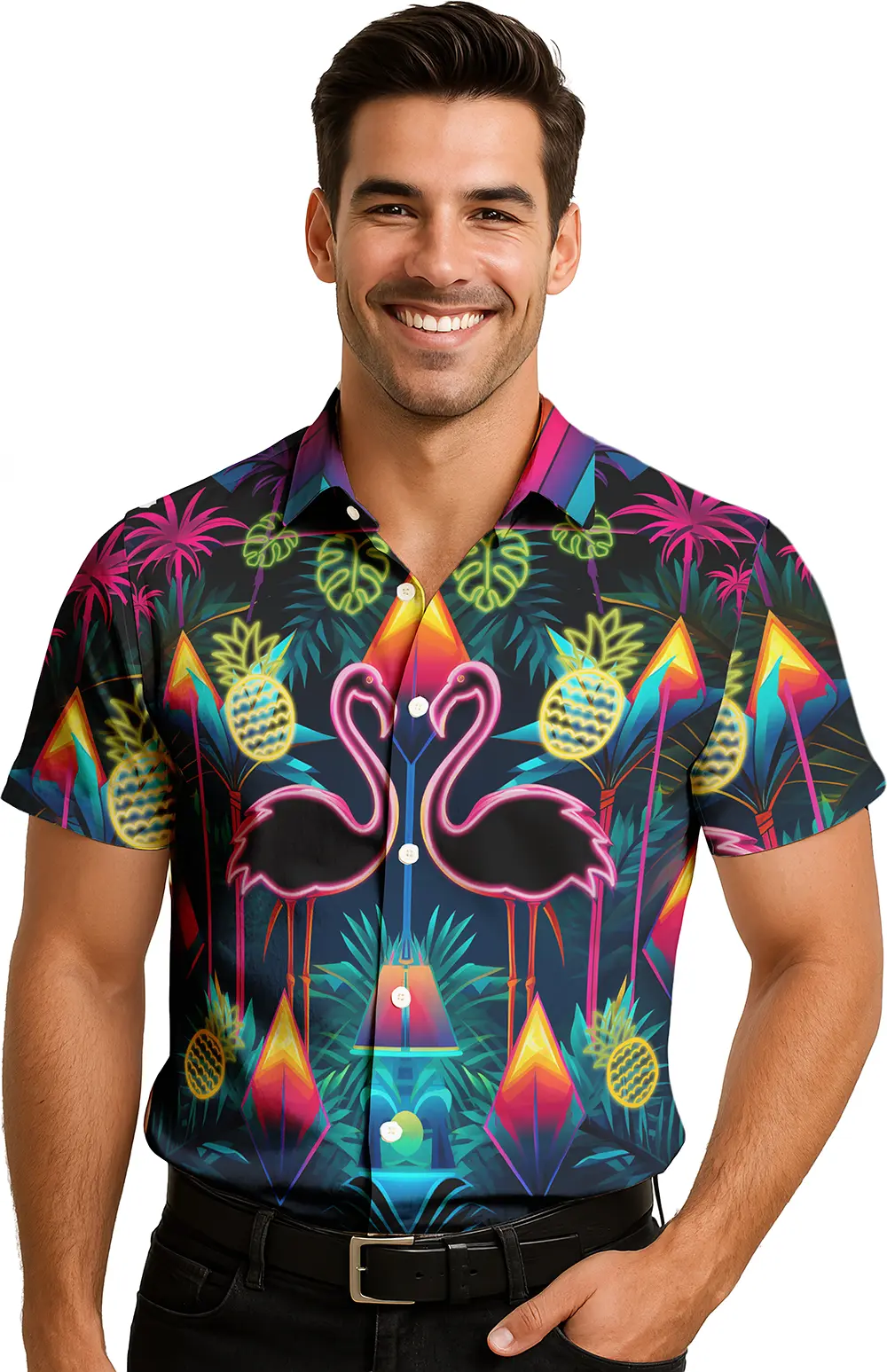 Neonskjorte med flamingoer til herrer