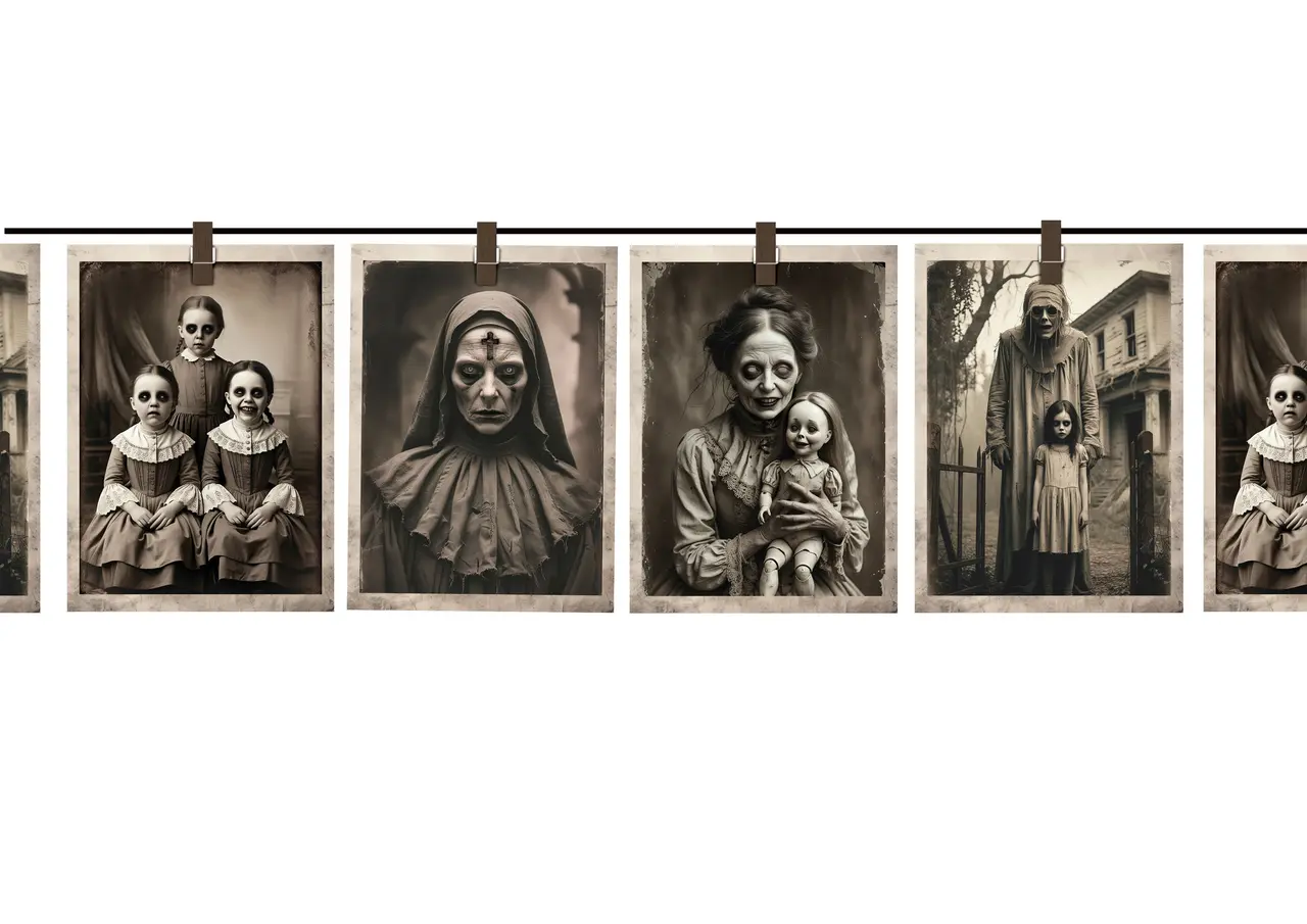 Guirlande med uhyggelige fotos, papir, 300 × 23 × 16 cm