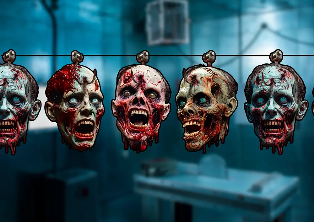Guirlande med blodige zombiehoveder, papir, 300 × 23 × 16 cm