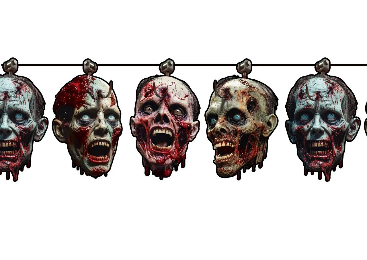 Guirlande med blodige zombiehoveder, papir, 300 × 23 × 16 cm