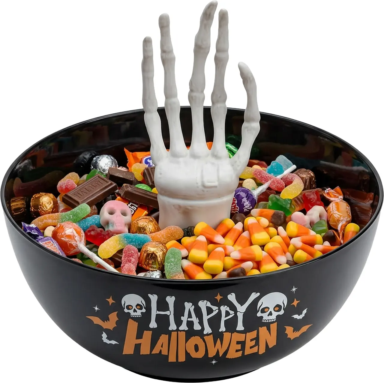 Skål "Happy Halloween" med skelethånd, 25 cm