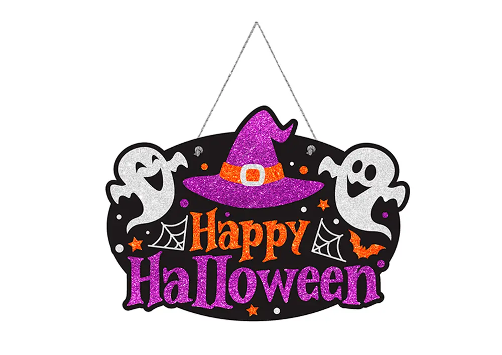 Glimmerskilt "Happy Halloween" med spøgelser 37 × 27 cm