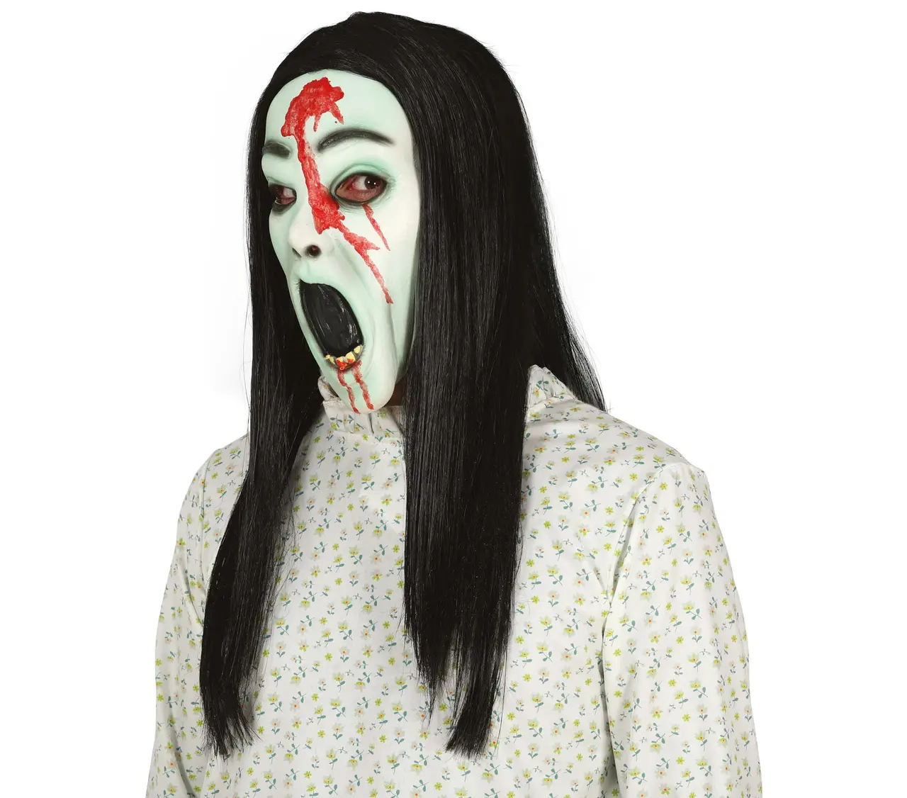 Latexmaske af spøgelsespige med hår