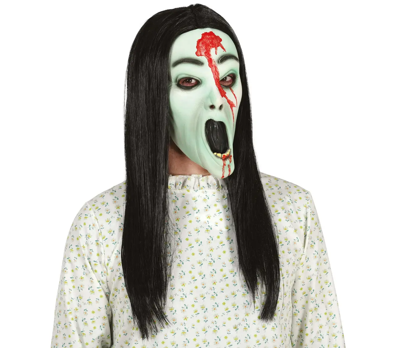 Latexmaske af spøgelsespige med hår