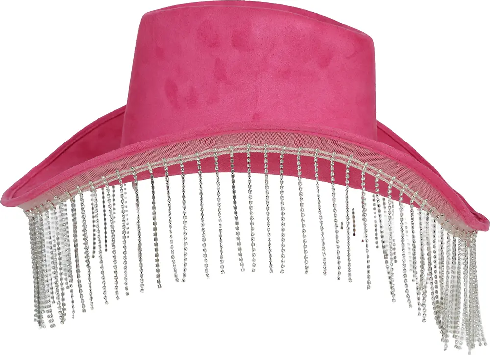 Lyserød cowboyhat med perlefrynser i høj kvalitet, til voksne