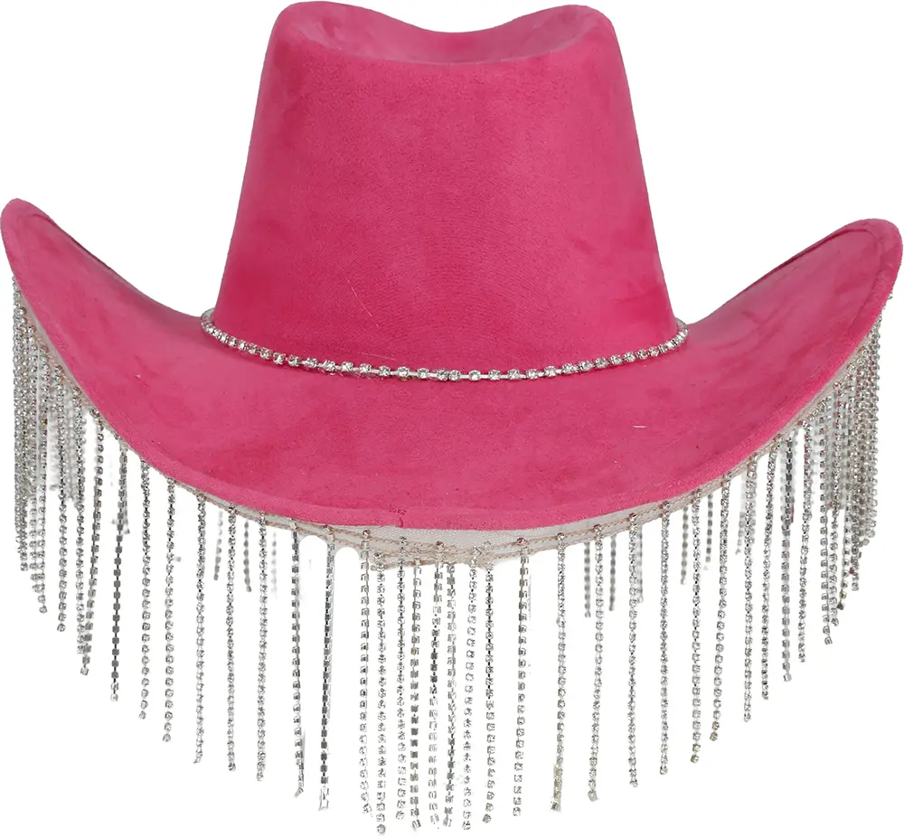 Lyserød cowboyhat med perlefrynser i høj kvalitet, til voksne
