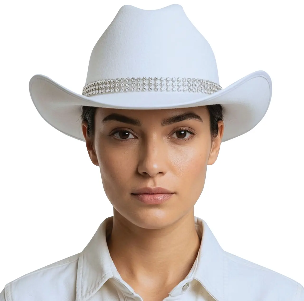 Cowboyhat i filt med rhinsten, hvid