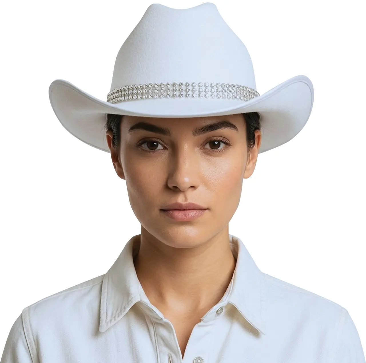 Cowboyhat i filt med rhinsten, hvid