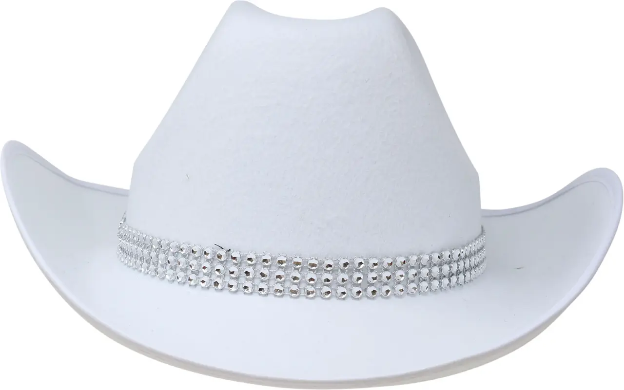 Cowboyhat i filt med rhinsten, hvid