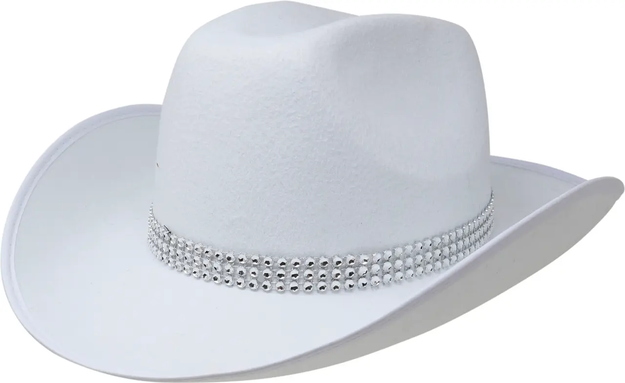 Cowboyhat i filt med rhinsten, hvid