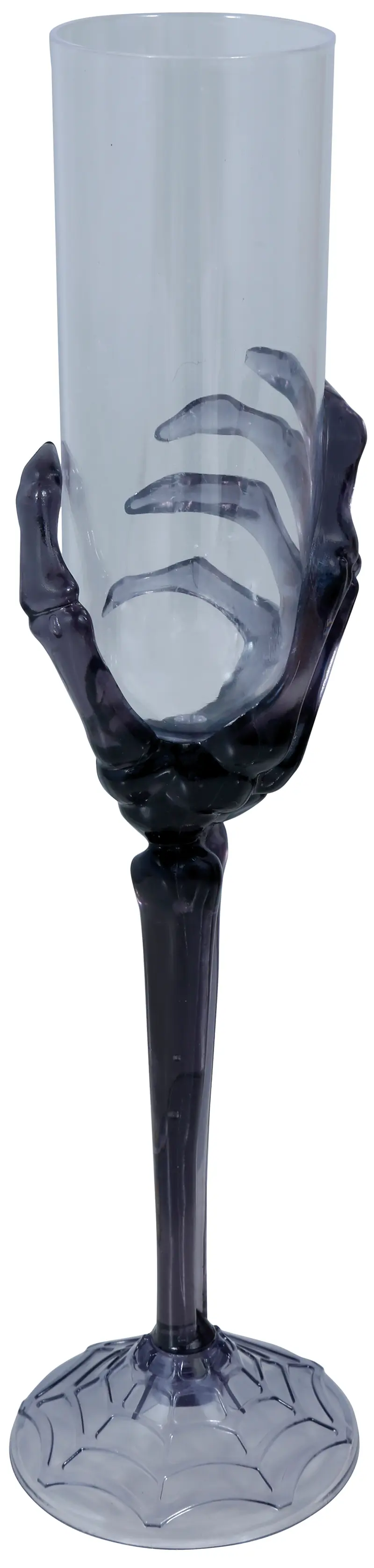 Gennemsigtigt champagneglas med sort skelethånd, 25 cm