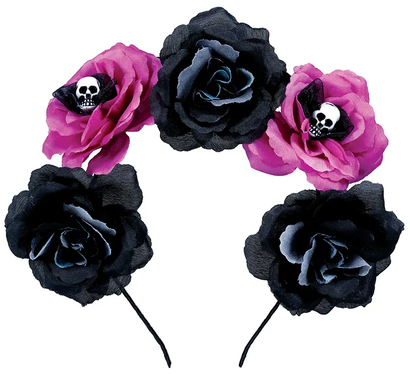 De Dødes Dag-hårbøjle med sorte og lyserøde blomster