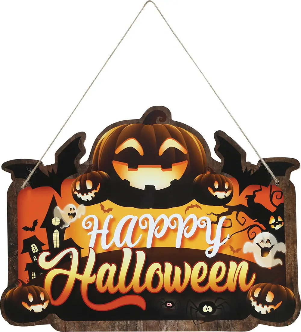 Skilt "Happy Halloween" med græskar, 32 × 24 cm, træ