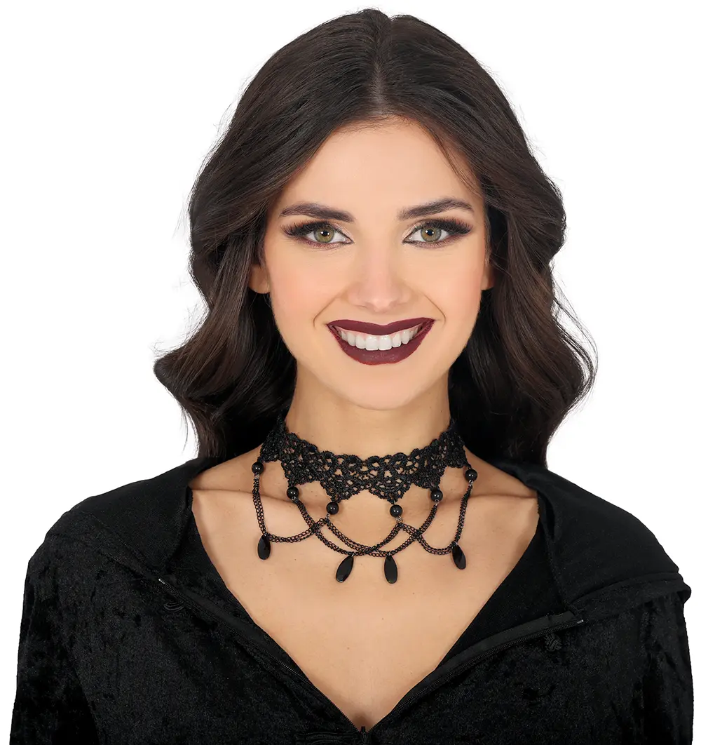 Sort broderet choker med perler, ca. 16,6 cm