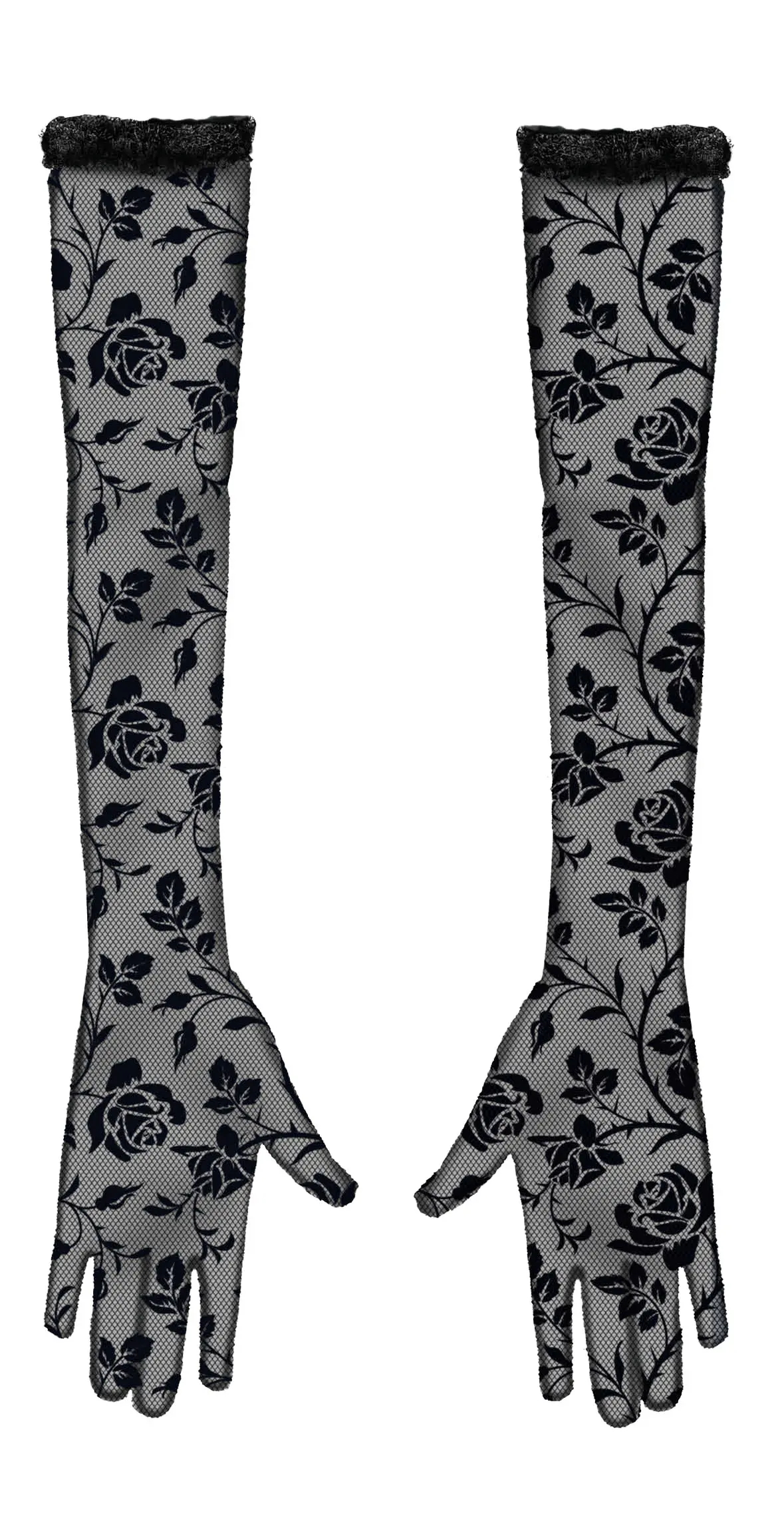 Sorte blondehandsker med blomster 38 cm