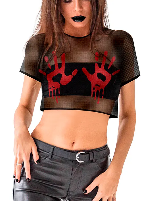 Mesh-T-shirt med blodige hænder, str. L (42-44)