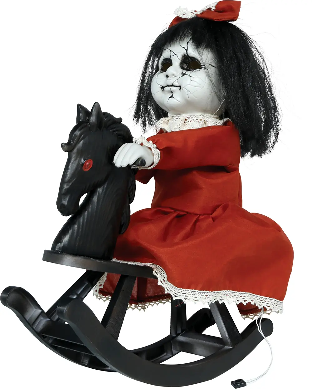 Horror-dukke på hest med bevægelse, lys og lyd, 40 cm