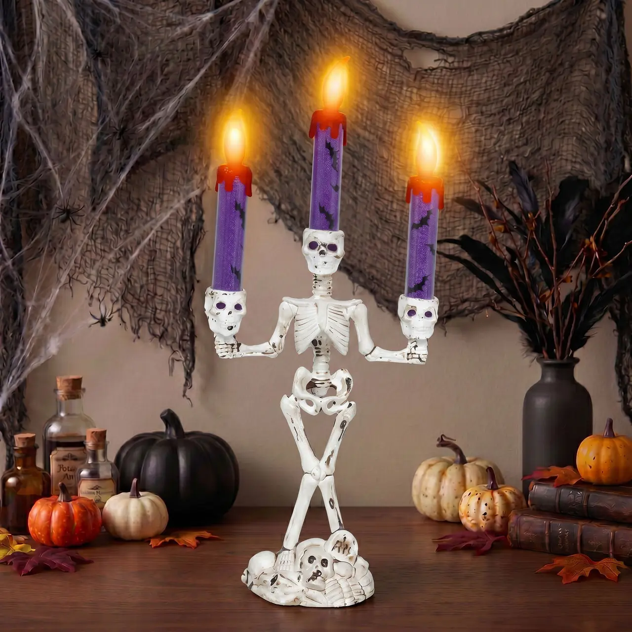 Assorteret skelet-kandelaber med lys, PVC, 35 cm