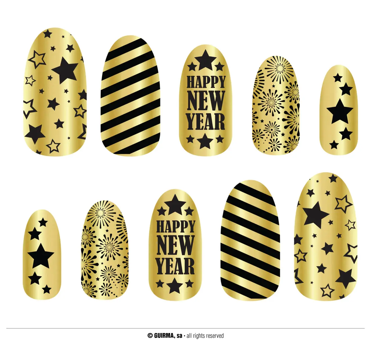 12 gyldne selvklæbende negle "Happy New Year"