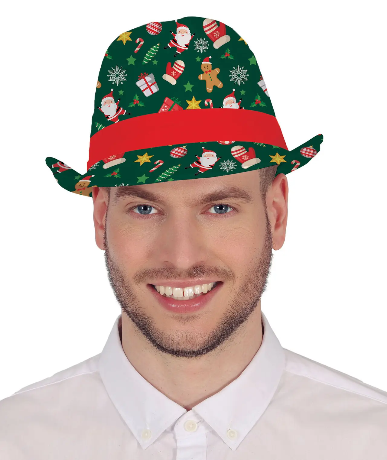 Grøn gangsterhat med juleprint